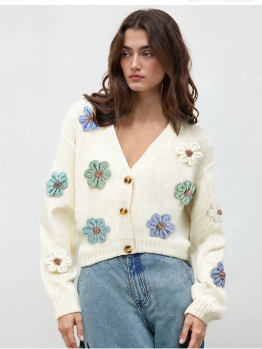 Cider Cream V-Neck Cardigan with Pastel Floral Appliqués